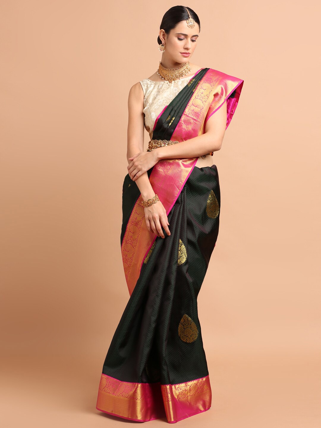 Kalyan Silks Ethnic Motifs Woven Design Zari Detailed Pure Silk Kanjeevaram Saree, Green
Kalyan Silks Ethnic Motifs Woven Design Zari Detailed Pure Silk Kanjeevaram Saree, Green