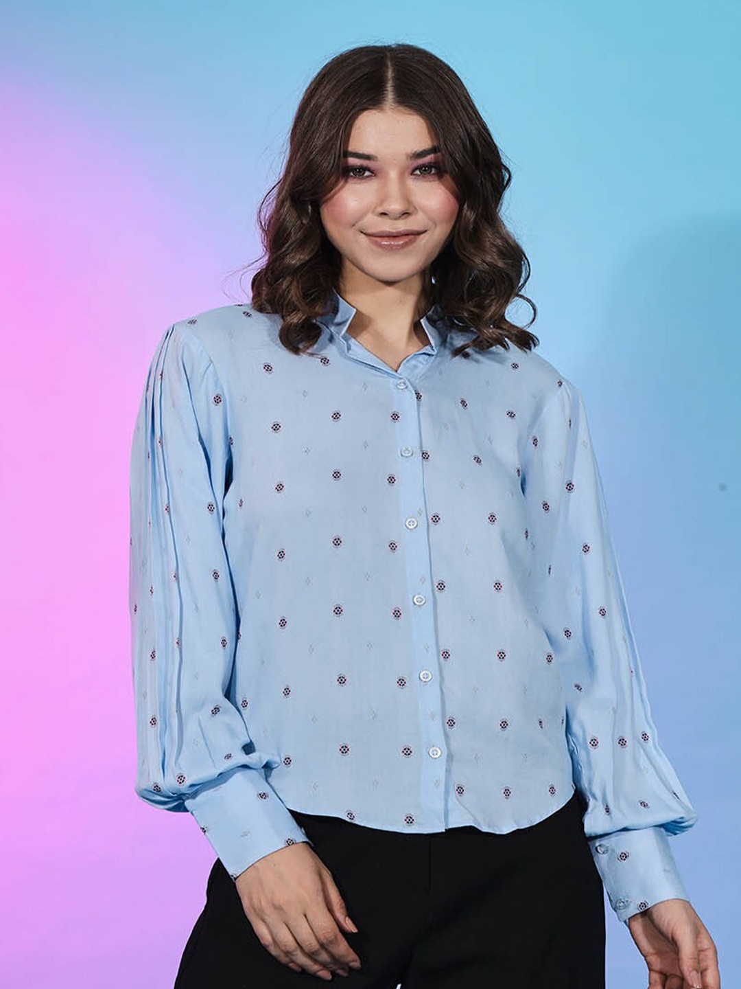 Mitera Geometric Printed Mandarin Collar Cuffed Sleeve Pleated Shirt Style Top, Blue
Mitera Geometric Printed Mandarin Collar Cuffed Sleeve Pleated Shirt Style Top, Blue