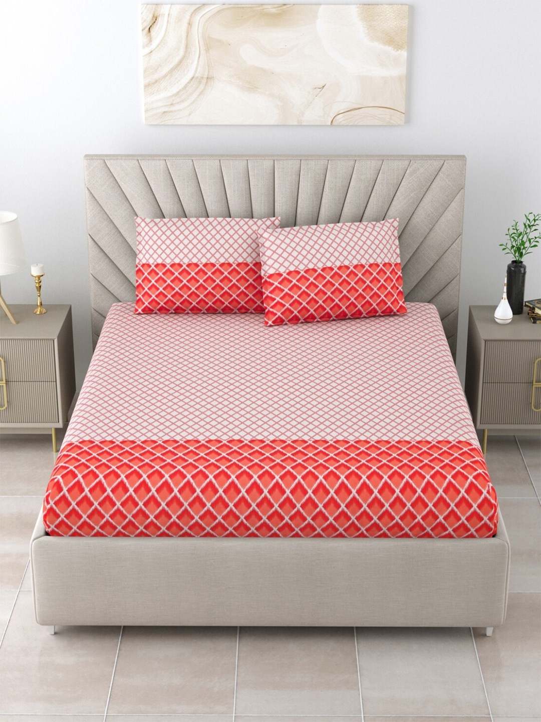Salona Bichona Orange & Pink Geometric Cotton 120 TC Queen Bedsheet With 2 Pillow Covers
Salona Bichona Orange & Pink Geometric Cotton 120 TC Queen Bedsheet With 2 Pillow Covers