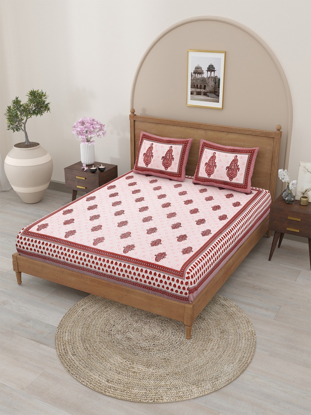 Salona Bichona Pink & White Printed Pure Cotton 120 TC Queen Bedsheet with 2 Pillow Covers
Salona Bichona Pink & White Printed Pure Cotton 120 TC Queen Bedsheet with 2 Pillow Covers