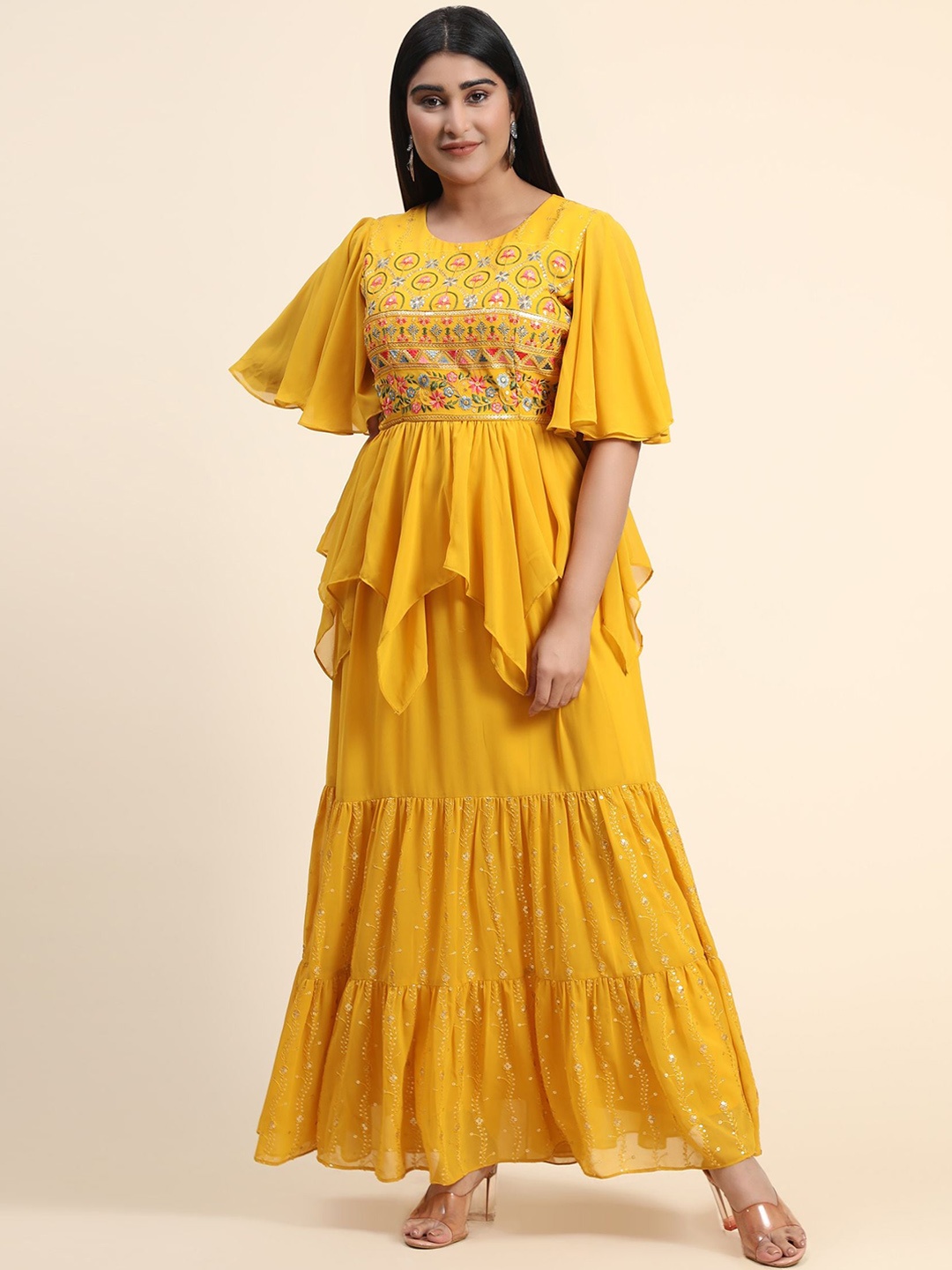 KALINI Ethnic Motifs Embroidered Layered Georgette Fit & Flare Maxi Ethnic Dress, Mustard
KALINI Ethnic Motifs Embroidered Layered Georgette Fit & Flare Maxi Ethnic Dress, Mustard