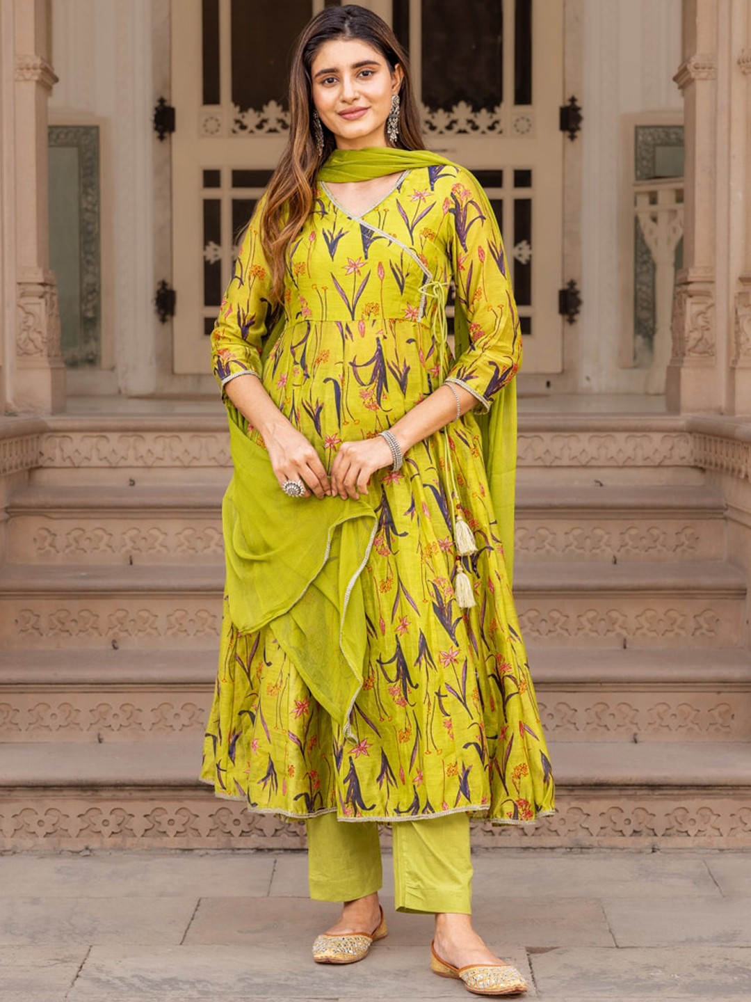 Ambraee Floral Printed Angrakha Chanderi Cotton Kurta with Trousers & Dupatta, Lime green
Ambraee Floral Printed Angrakha Chanderi Cotton Kurta with Trousers & Dupatta, Lime green