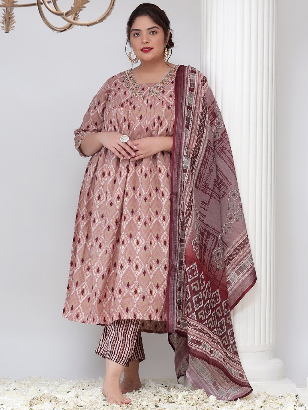 Bani Women Plus Size Geometric Printed Thread Work A-Line Kurta With Trousers & Dupatta, Pink
Bani Women Plus Size Geometric Printed Thread Work A-Line Kurta With Trousers & Dupatta, Pink