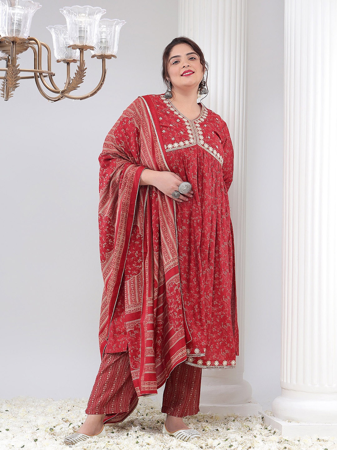 Bani Women Plus Size Floral Printed Thread Work Empire Kurta With Trousers & Dupatta, Red
Bani Women Plus Size Floral Printed Thread Work Empire Kurta With Trousers & Dupatta, Red