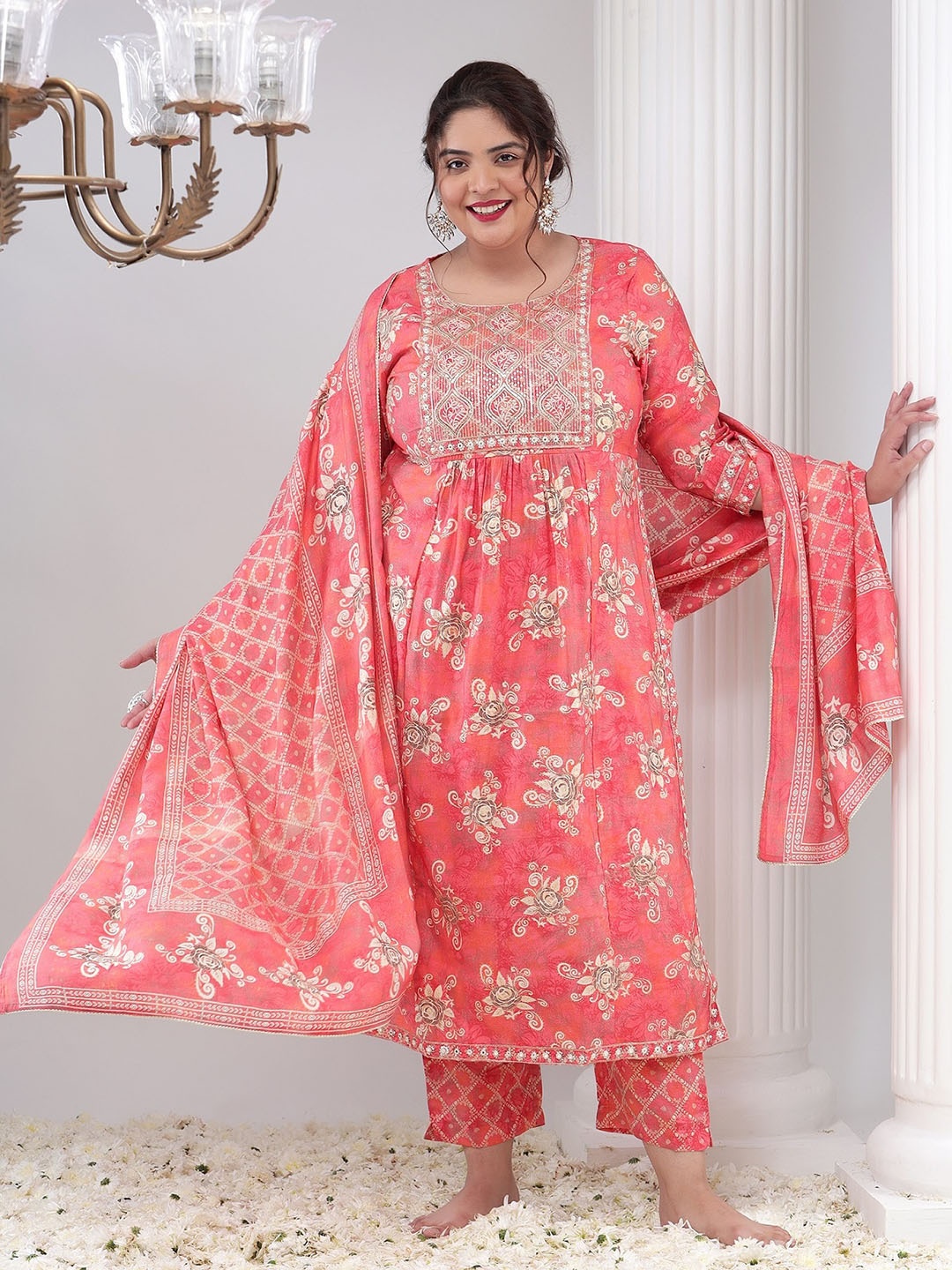 Bani Women Plus Size Printed Thread Work Chanderi Silk Kurta with Trousers & Dupatta, Peach
Bani Women Plus Size Printed Thread Work Chanderi Silk Kurta with Trousers & Dupatta, Peach