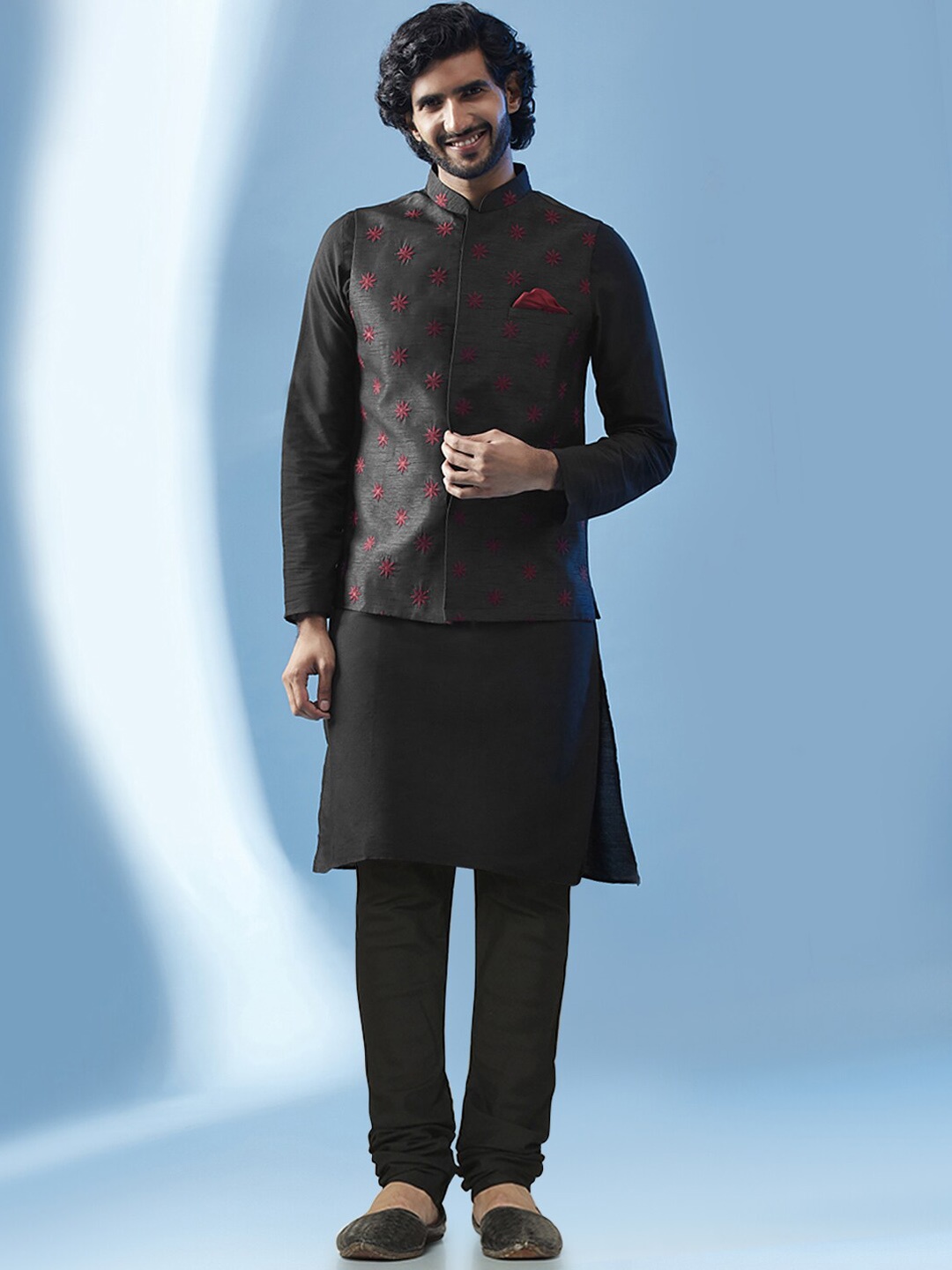 KISAH Mandarin Collar Straight Kurta with Churidar & Woven Design Nehru jacket, Black
KISAH Mandarin Collar Straight Kurta with Churidar & Woven Design Nehru jacket, Black