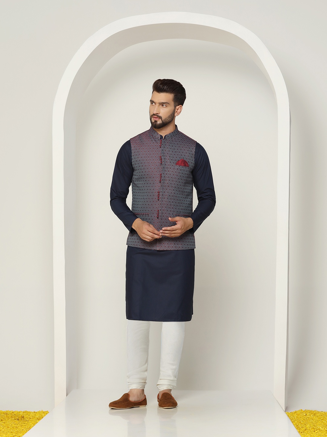 KISAH Men Mandarin Collar Mirror Work Kurta With Churidar & Jacquard Nehru Jacket Set, Black
KISAH Men Mandarin Collar Mirror Work Kurta With Churidar & Jacquard Nehru Jacket Set, Black
