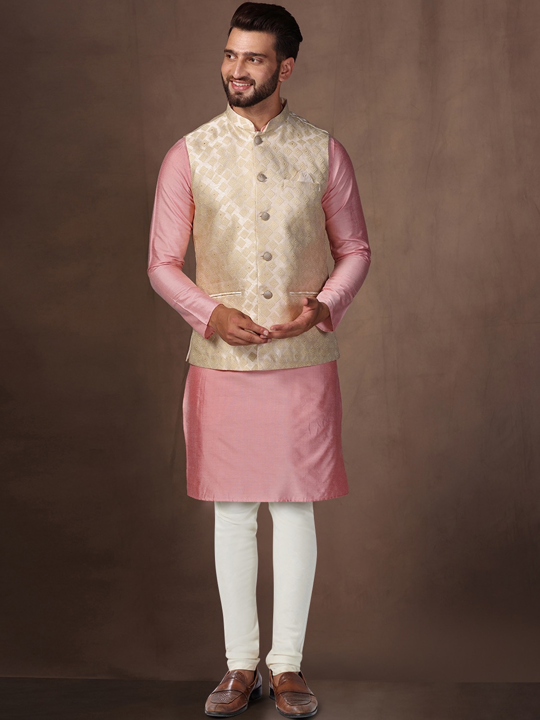 KISAH Geometric Woven Design Kurta With Churidar & Nehru jacket, Off white
KISAH Geometric Woven Design Kurta With Churidar & Nehru jacket, Off white