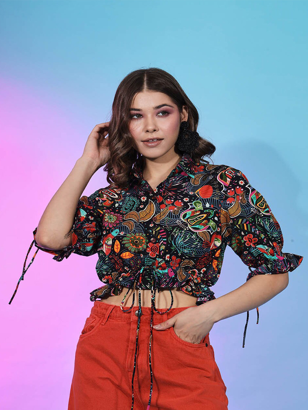 Mitera Abstract Printed Shirt Collar Puff Sleeve Tie Up Crop Cinched Waist Top, Black
Mitera Abstract Printed Shirt Collar Puff Sleeve Tie Up Crop Cinched Waist Top, Black