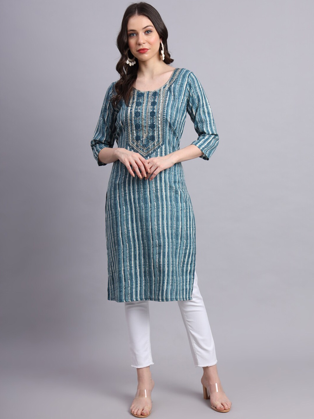 FABDYOR Striped Round Neck Thread Work Pure Cotton Straight Kurta, Teal