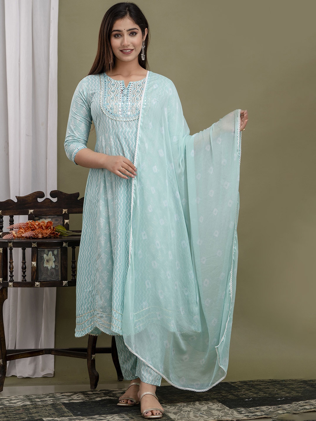 Prakhya Ethnic Motifs Yoke Design Mirror Work Anarkali Kurta With Palazzos & Dupatta, Blue
Prakhya Ethnic Motifs Yoke Design Mirror Work Anarkali Kurta With Palazzos & Dupatta, Blue