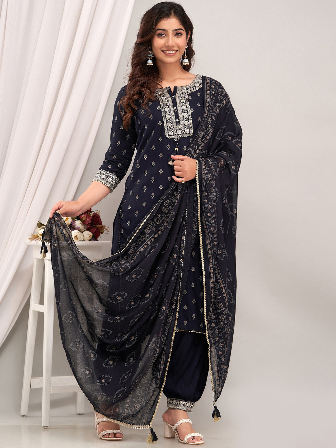 Prakhya Ethnic Motifs Embroidered Mirror Work Kurta with Palazzos & With Dupatta, Navy blue
Prakhya Ethnic Motifs Embroidered Mirror Work Kurta with Palazzos & With Dupatta, Navy blue