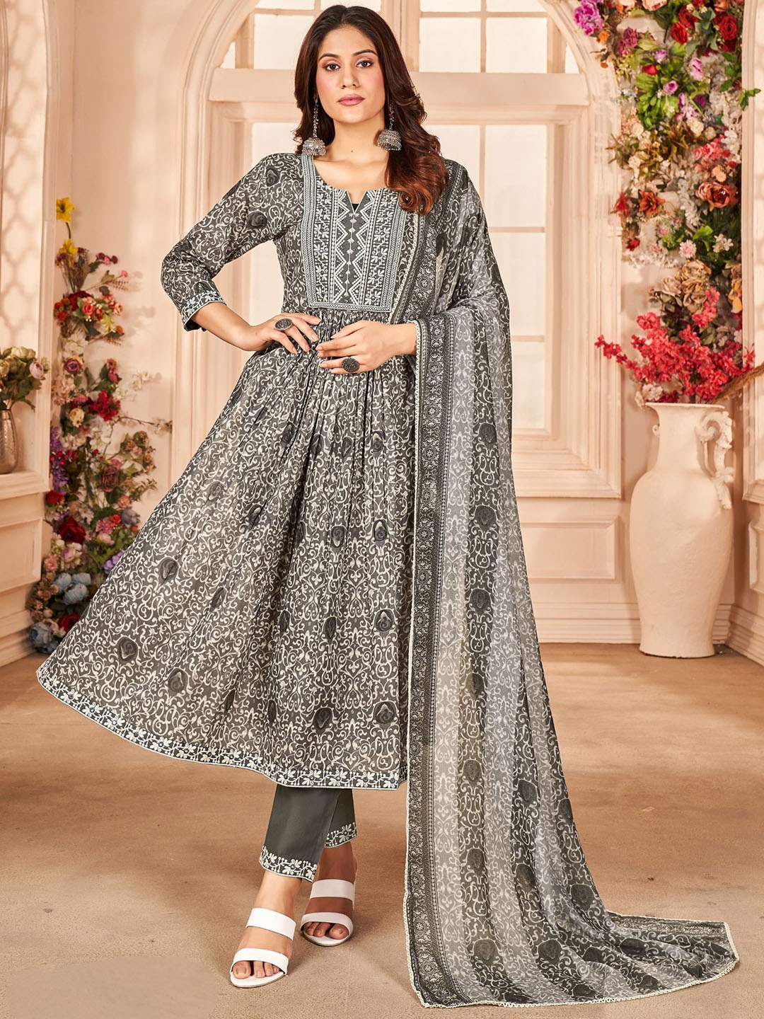 PREMROOP- THE STYLE YOU LOVE Ethnic Motifs Print Pure Cotton Kurta With Trousers & Dupatta, Grey
PREMROOP- THE STYLE YOU LOVE Ethnic Motifs Print Pure Cotton Kurta With Trousers & Dupatta, Grey