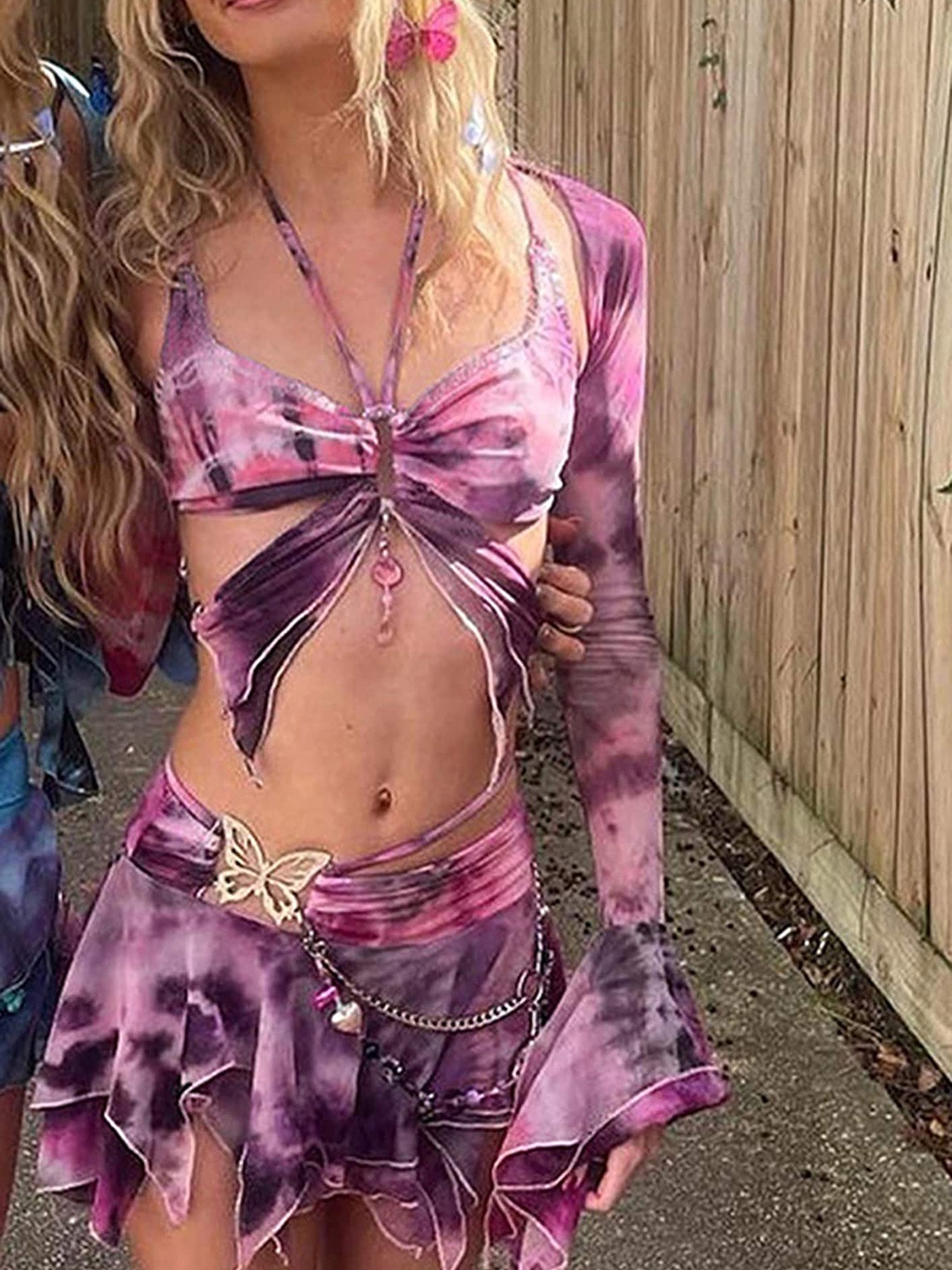 LULU & SKY Tie-Dye Halter Neck Crop Top & Front Open Bolero With Mini Skirt Co-Ords, Purple
LULU & SKY Tie-Dye Halter Neck Crop Top & Front Open Bolero With Mini Skirt Co-Ords, Purple