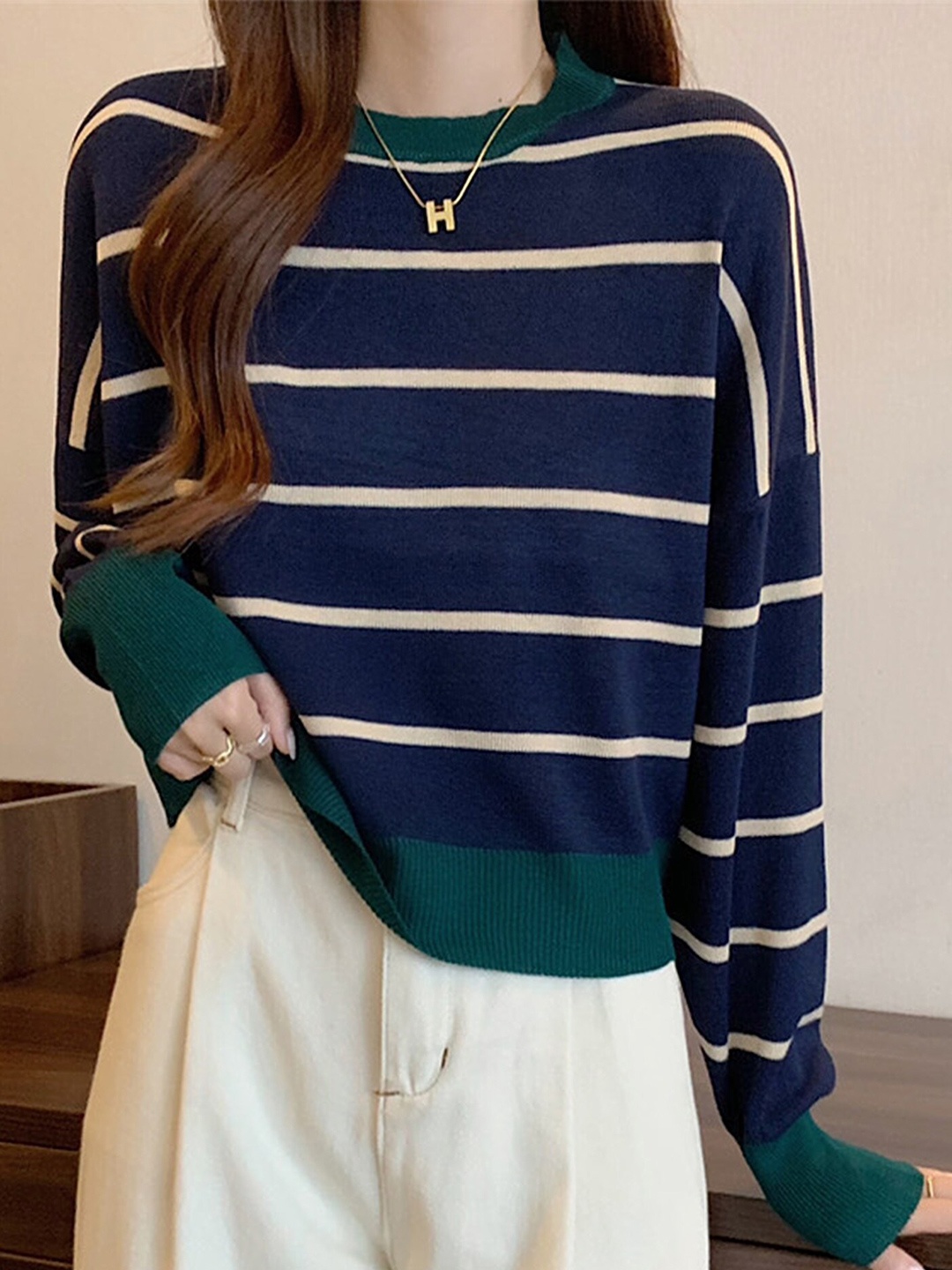 LULU & SKY Striped Round Neck Pullover, Navy blue