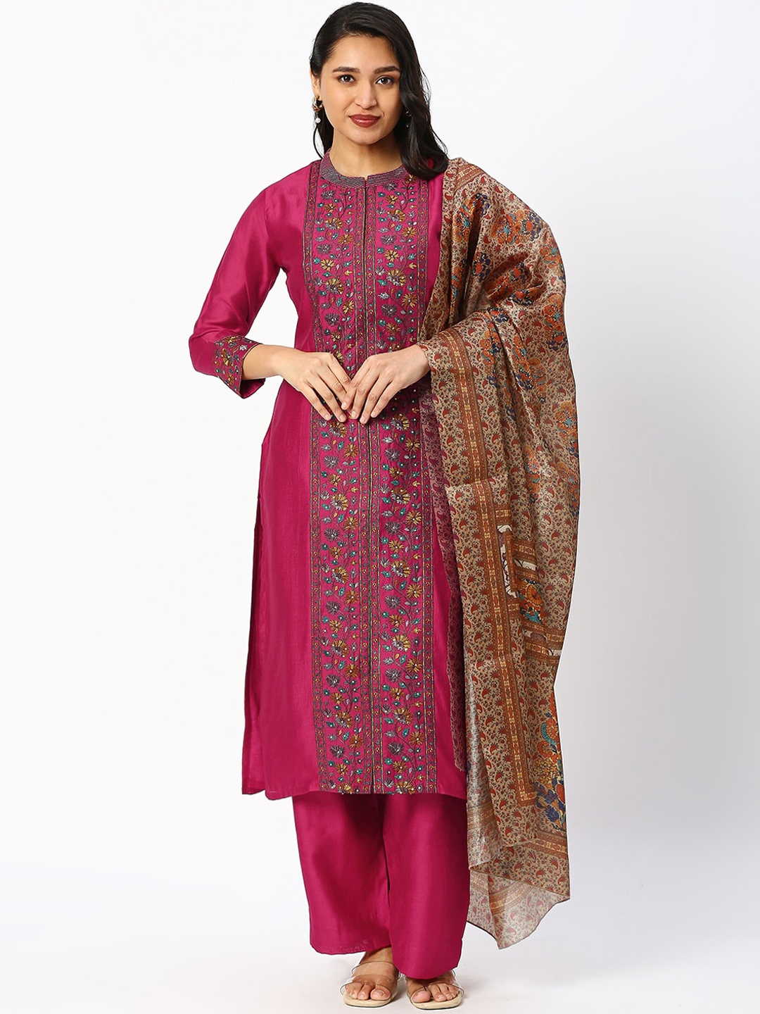 DRESSLINE Floral Embroidered Panelled Kurta with Palazzos & Dupatta, Pink