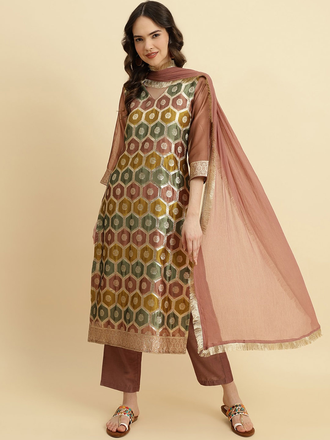 Varanga Ethnic Motifs Woven Design V-Neck Chanderi Silk Kurta with Trousers & Dupatta, Brown
Varanga Ethnic Motifs Woven Design V-Neck Chanderi Silk Kurta with Trousers & Dupatta, Brown