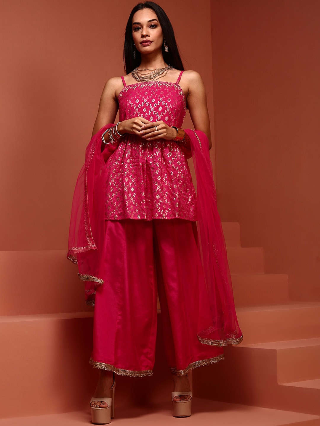 IMARA Floral Printed Shoulder Strapped A-Line Jacquard Kurti with Sharara & With Dupatta, Red
IMARA Floral Printed Shoulder Strapped A-Line Jacquard Kurti with Sharara & With Dupatta, Red