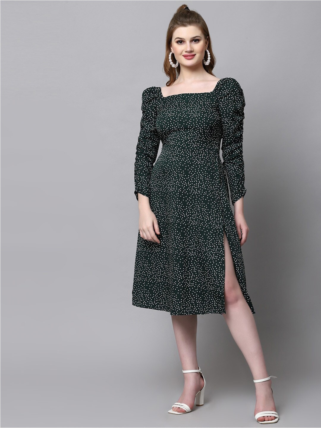 aayu Polka Dot Printed Square Neck Puff Sleeves Smocked Detailed A-Line Midi Dress, Green
aayu Polka Dot Printed Square Neck Puff Sleeves Smocked Detailed A-Line Midi Dress, Green
