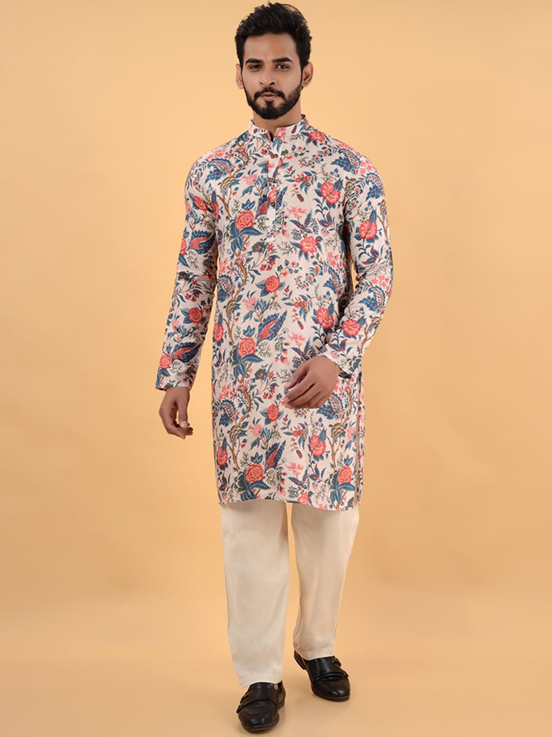 House of K.C Floral Printed Band Collar Silk Straight Kurta, Cream