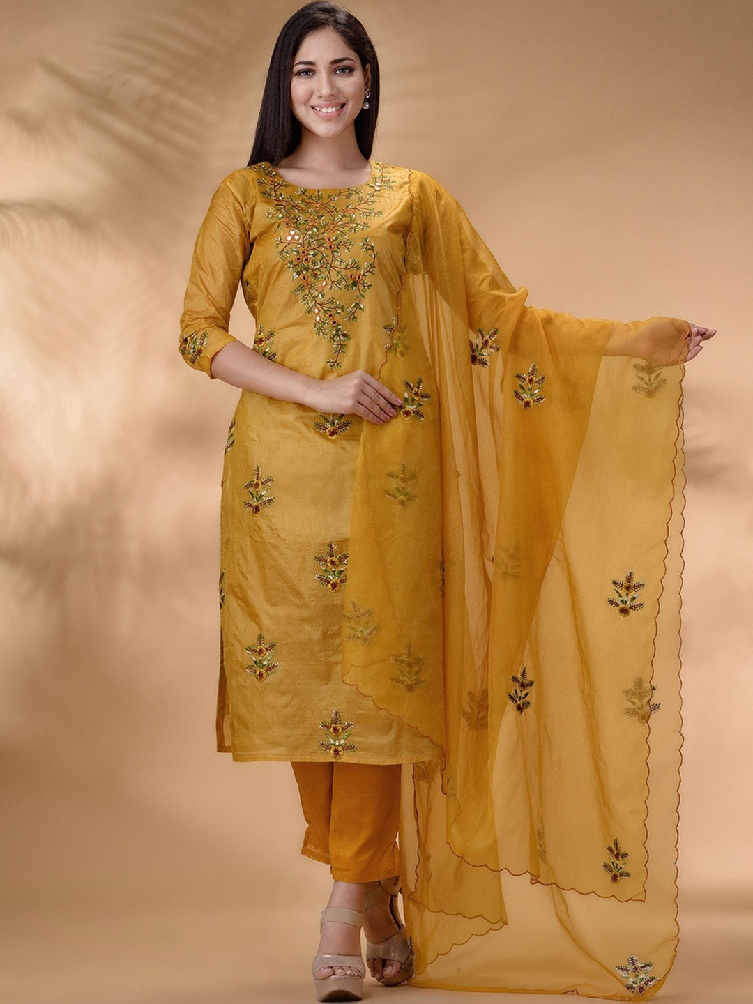 Disli Floral Embroidered Mirror Work Tussar Silk Kurta with Trousers & Dupatta, Mustard
Disli Floral Embroidered Mirror Work Tussar Silk Kurta with Trousers & Dupatta, Mustard