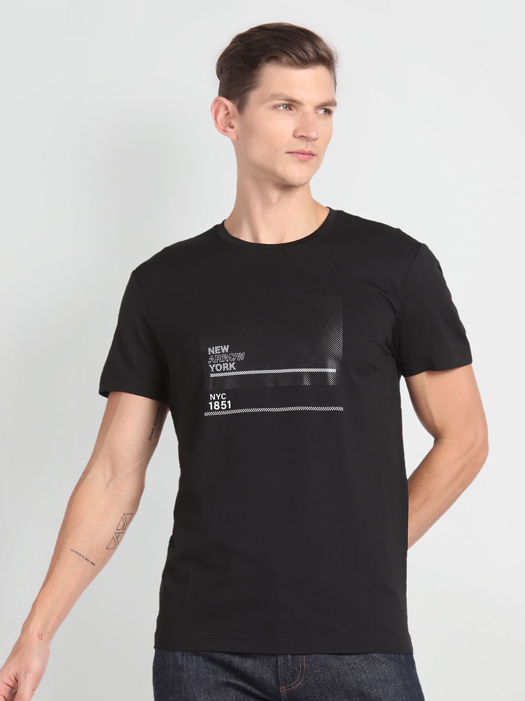 Arrow New York Typography Printed Pure Cotton T-shirt, Black