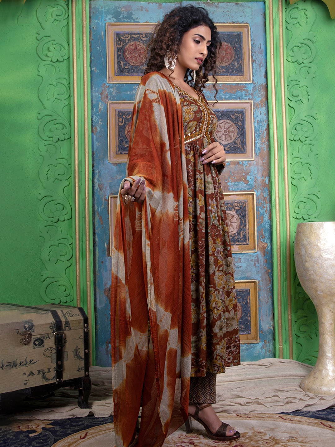 KALINI Women Rust Ethnic Motifs Printed Empire Mirror Work Kurta with Trousers & With Dupatta