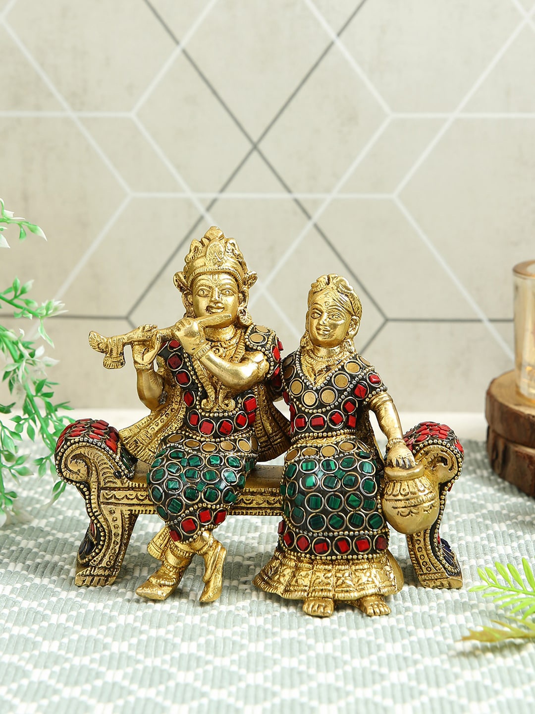 Imli Street Gold Toned & Green Textured Radha Krishna Sitting On Sofa Brass Idol Showpiece
Imli Street Gold Toned & Green Textured Radha Krishna Sitting On Sofa Brass Idol Showpiece