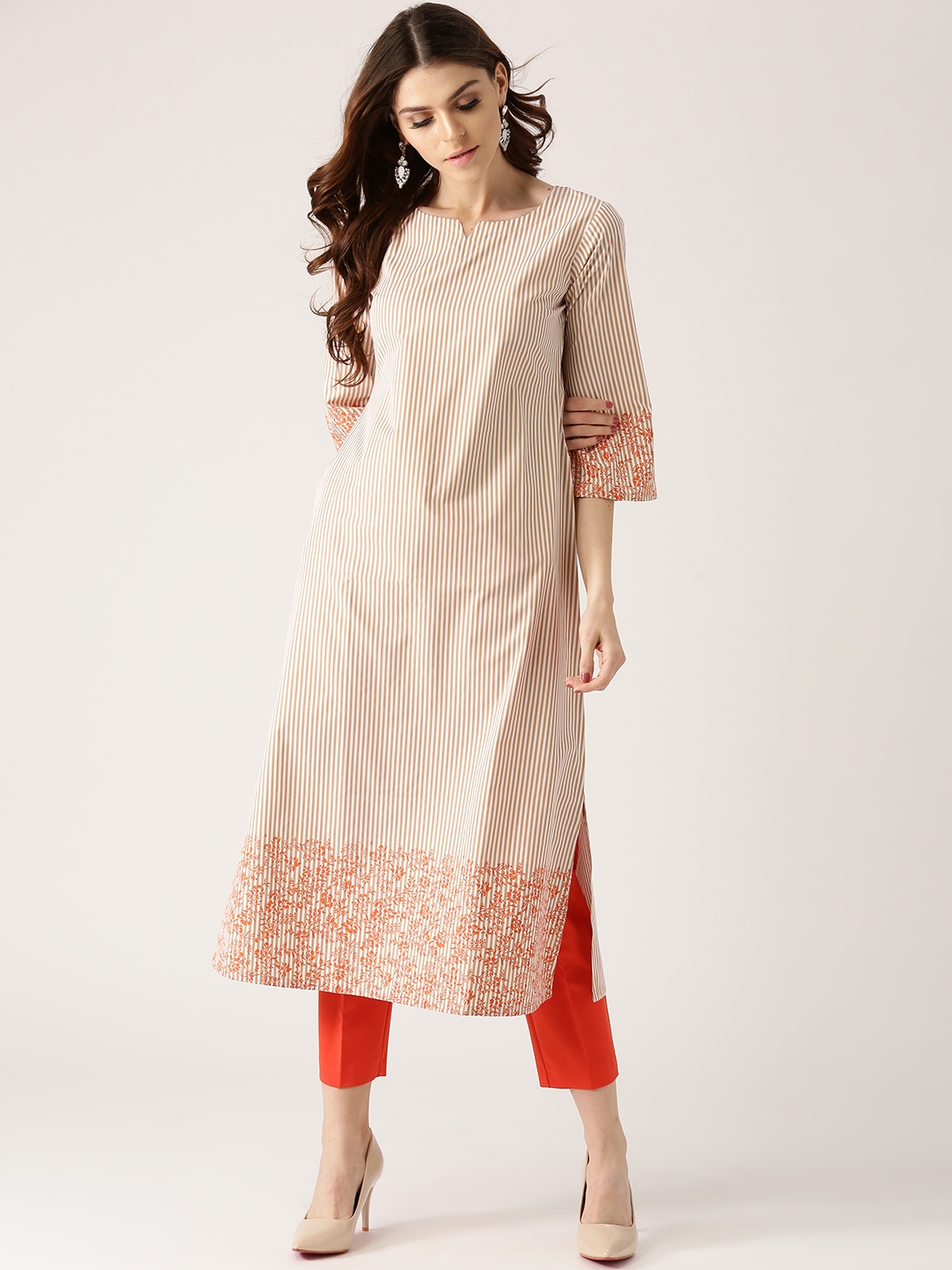 Libas Women Brown & Off-White Striped Straight Kurta