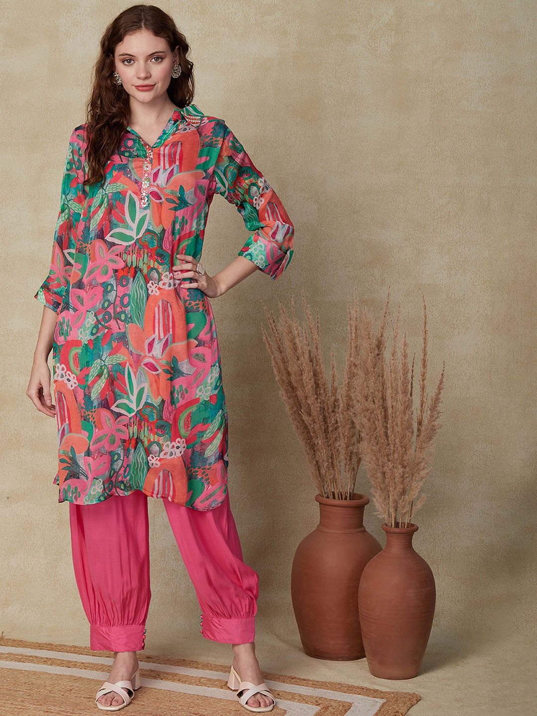FASHOR Floral Printed Shirt Collar Roll-Up Sleeves Mirror Work Kurta With Salwar, Fuchsia
FASHOR Floral Printed Shirt Collar Roll-Up Sleeves Mirror Work Kurta With Salwar, Fuchsia