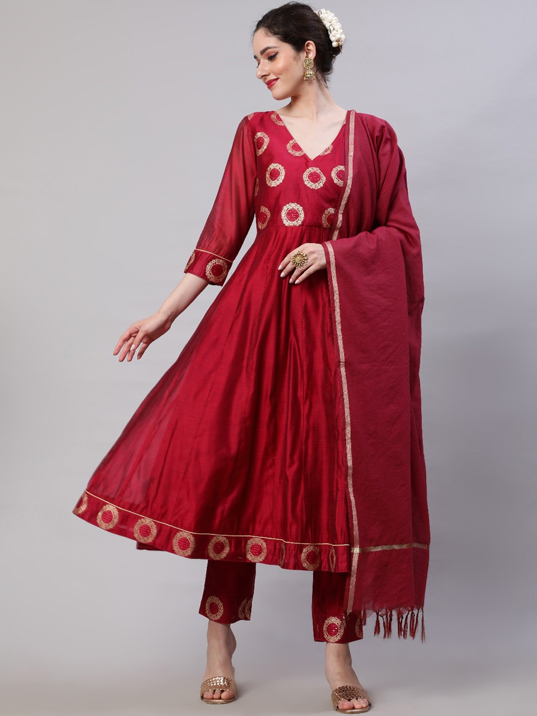AKS Couture Woven Design Empire Chanderi Silk Anarkali Kurta With Trousers & Dupatta, Red
AKS Couture Woven Design Empire Chanderi Silk Anarkali Kurta With Trousers & Dupatta, Red