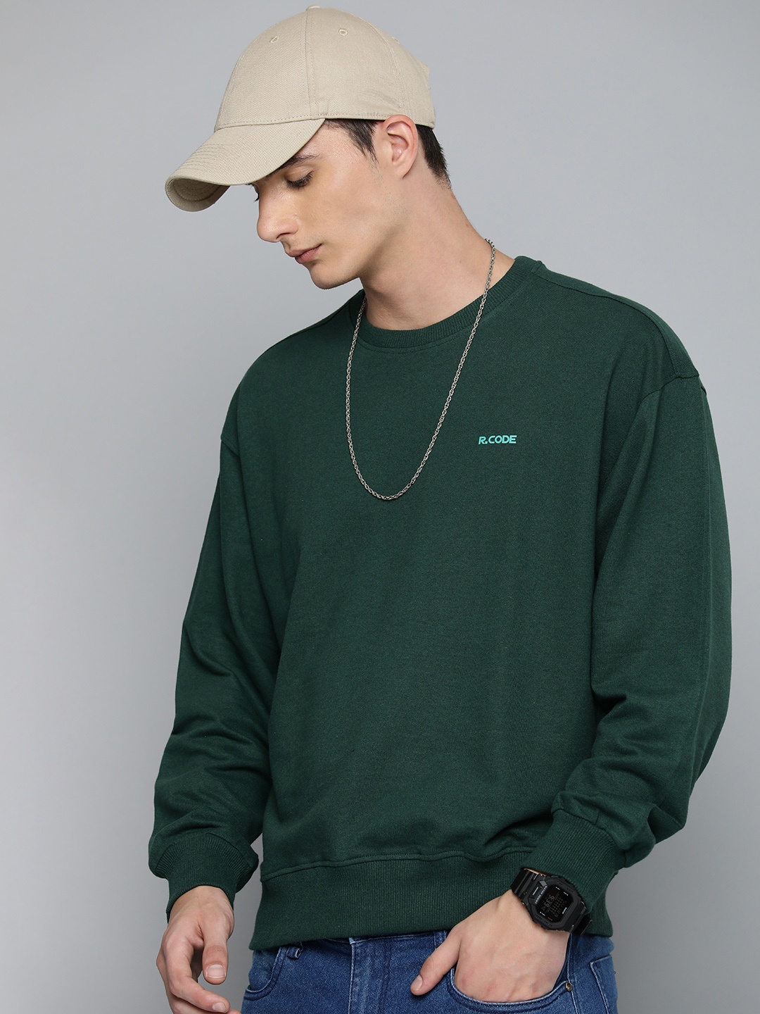 R.Code by The Roadster Life Co. Men Oversized Sweatshirt, Green