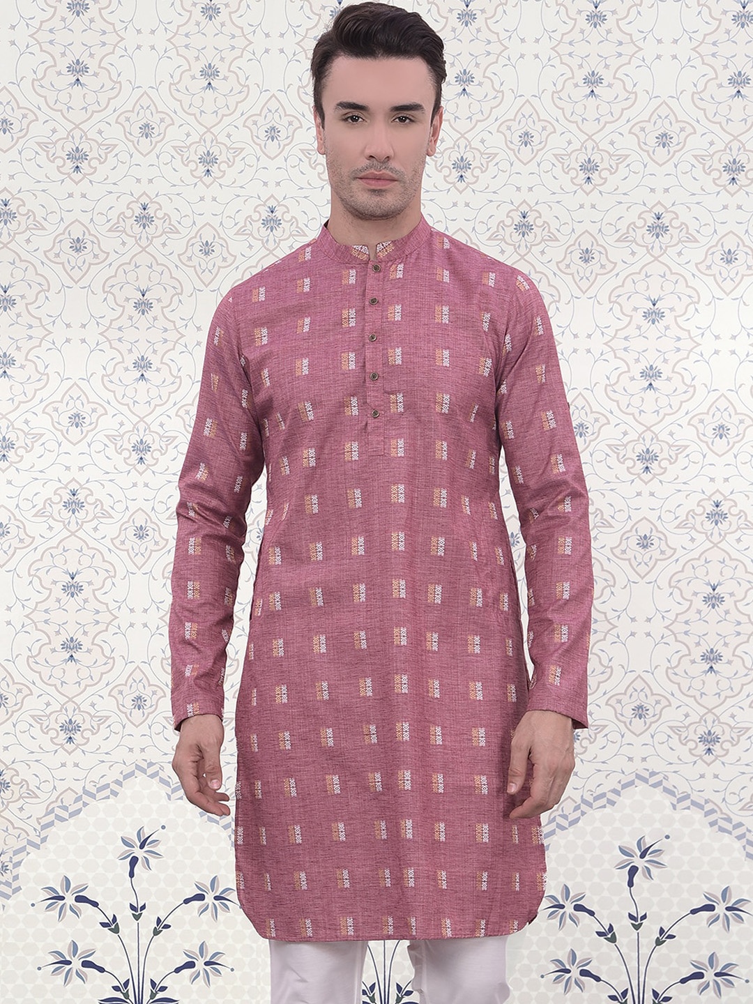 Ode by House of Pataudi Woven Design Mandarin Collar Long Sleeves Jacquard Kurta, Pink
Ode by House of Pataudi Woven Design Mandarin Collar Long Sleeves Jacquard Kurta, Pink