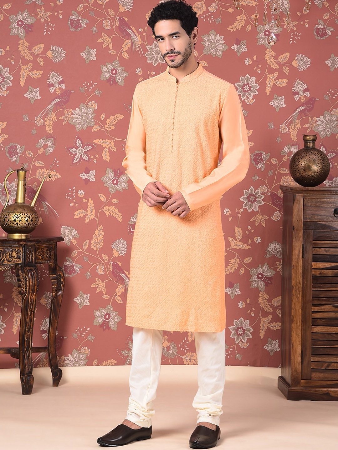 House of Pataudi Ethnic Motifs Embroidered Mandarin Collar Straight Kurta With Churidar, Orange
House of Pataudi Ethnic Motifs Embroidered Mandarin Collar Straight Kurta With Churidar, Orange