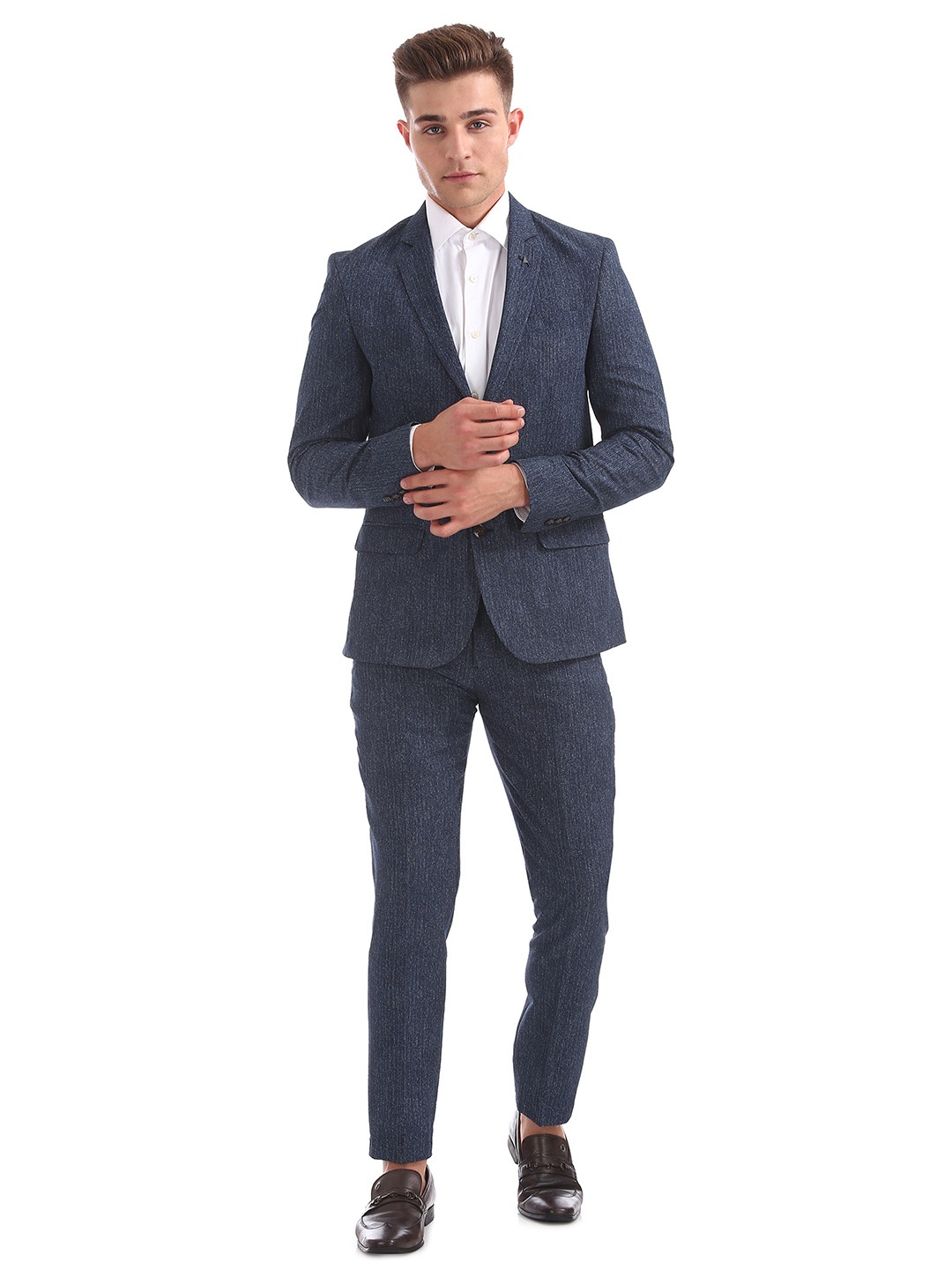 Arrow New York Men Navy Blue Self-Design Single-Breasted Formal Suit