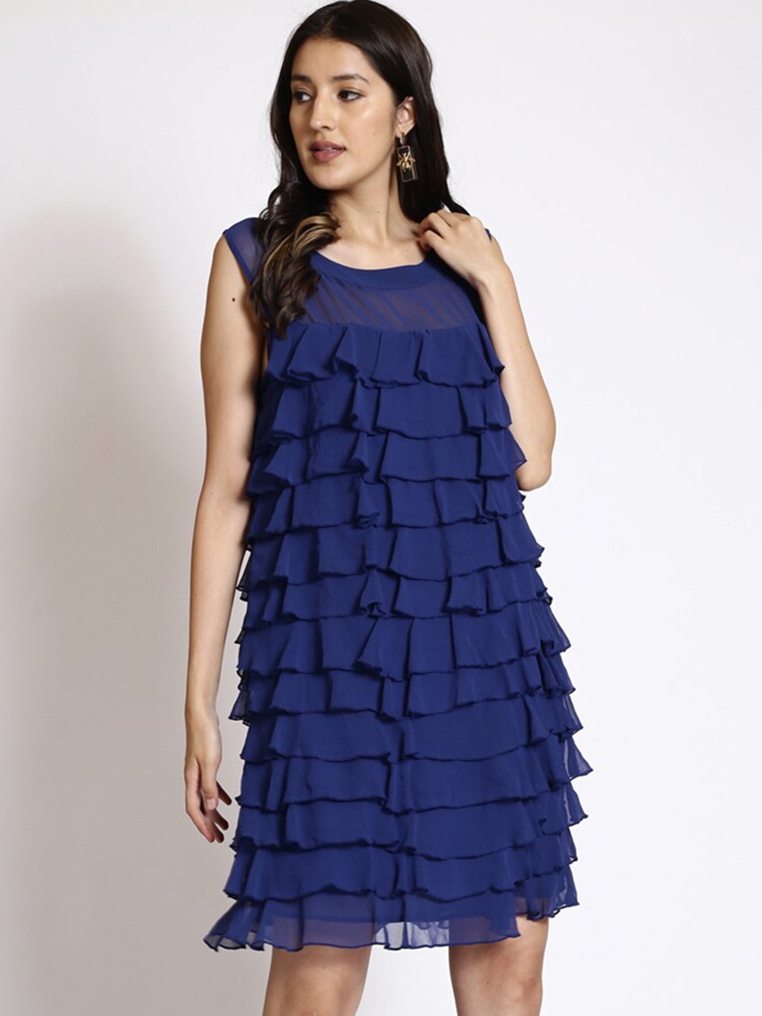 250 DESIGNS Ruffled Georgette A-Line Dress, Blue