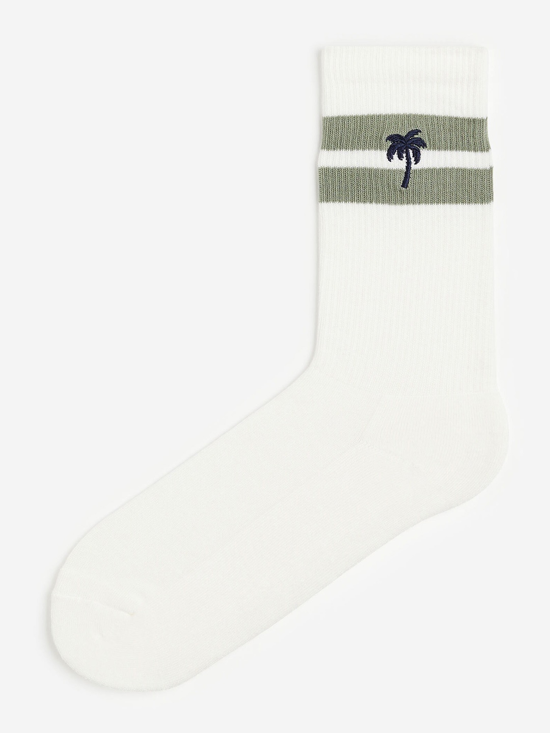 H&M Men Embroidered-Detail Calf-Length Socks, White