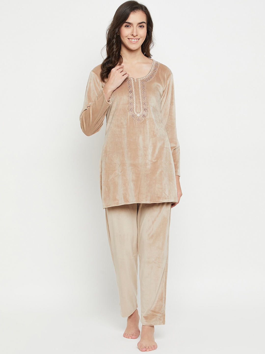 Camey Women Floral Embroidered Round Neck Long Sleeves Velvet Kurti & Pyjamas, Beige
Camey Women Floral Embroidered Round Neck Long Sleeves Velvet Kurti & Pyjamas, Beige