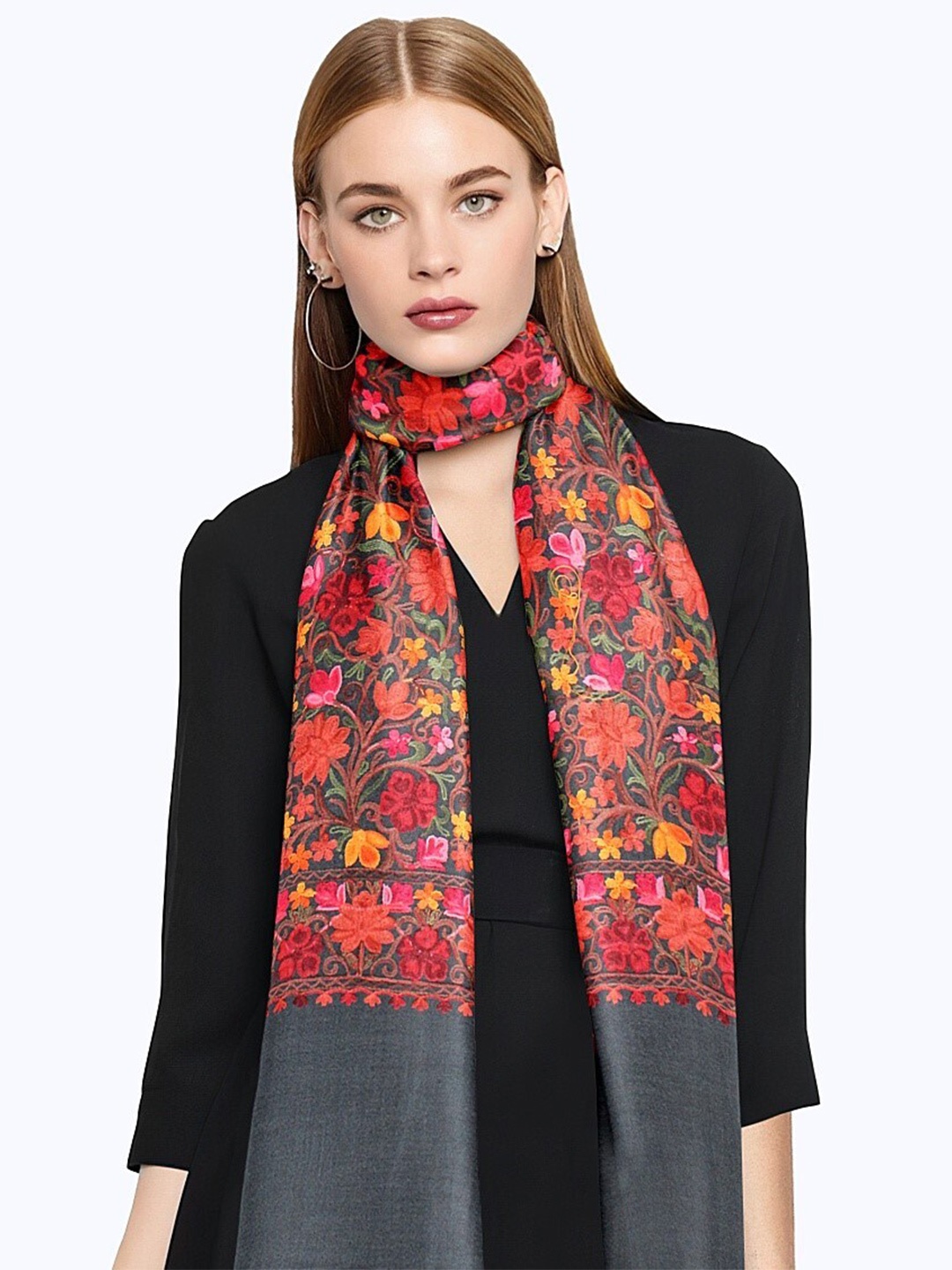 CASMIR Floral Embroidered Stole, Grey