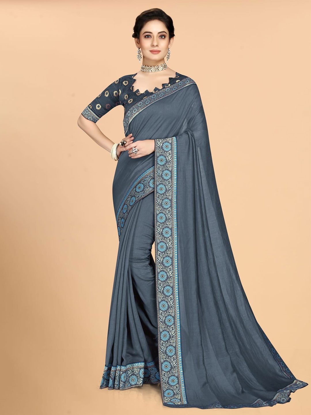 Mitera Grey Woven Design Border Saree