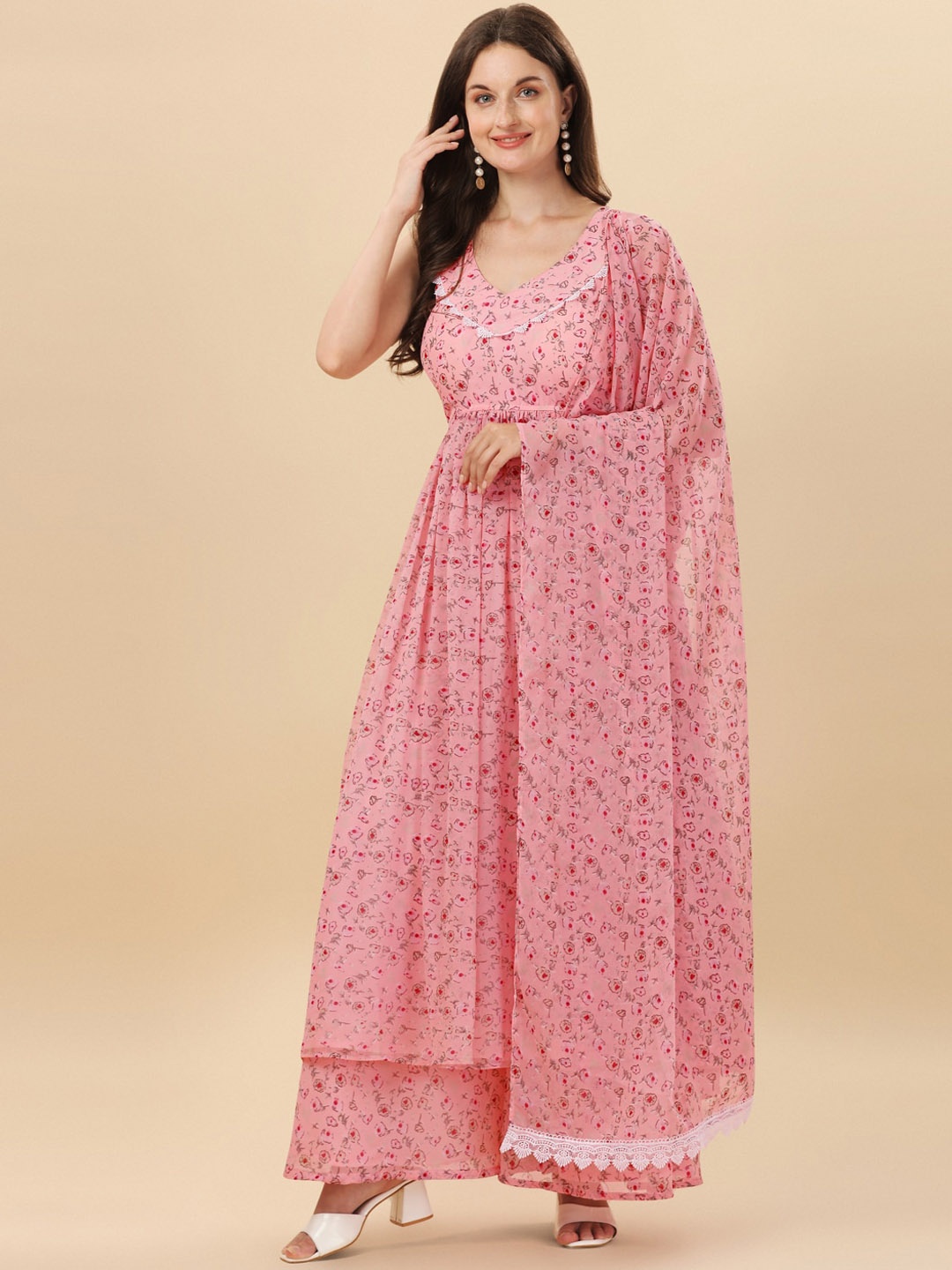 KALINI Floral Printed Sleeveless Pleated Anarkali Kurta With Palazzos & Dupatta, Pink
KALINI Floral Printed Sleeveless Pleated Anarkali Kurta With Palazzos & Dupatta, Pink