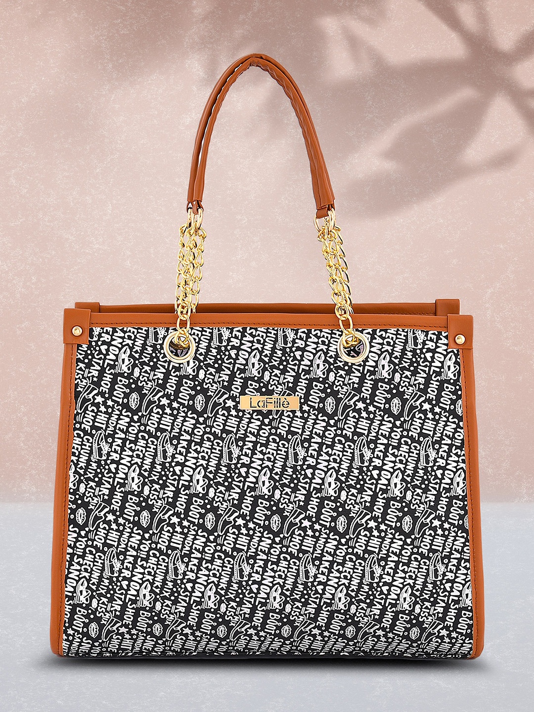 LaFille Typography Printed Oversized Structured Tote Bag, Black