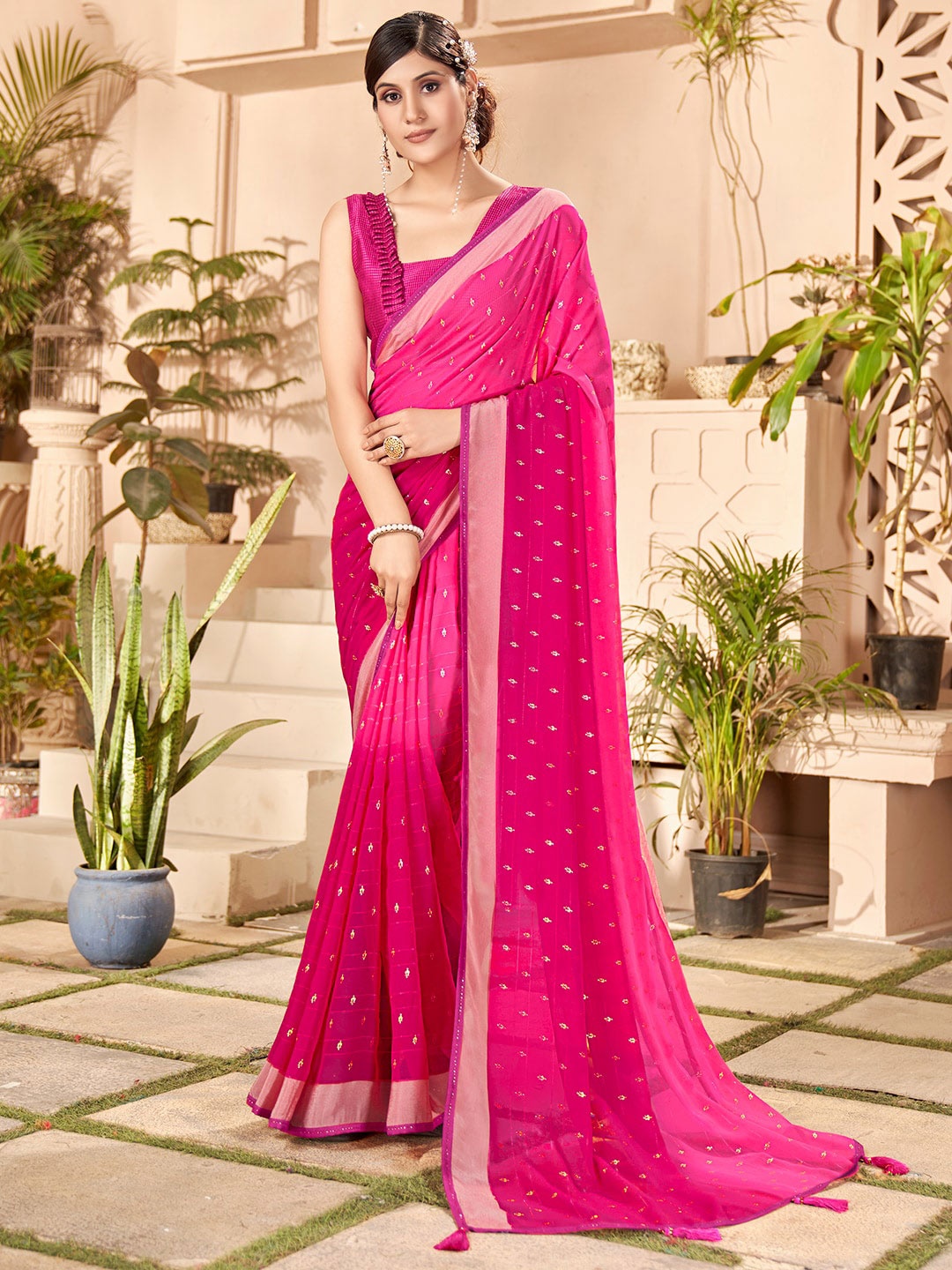 SANSKAR Ethnic Motifs Woven Designed Saree, Pink