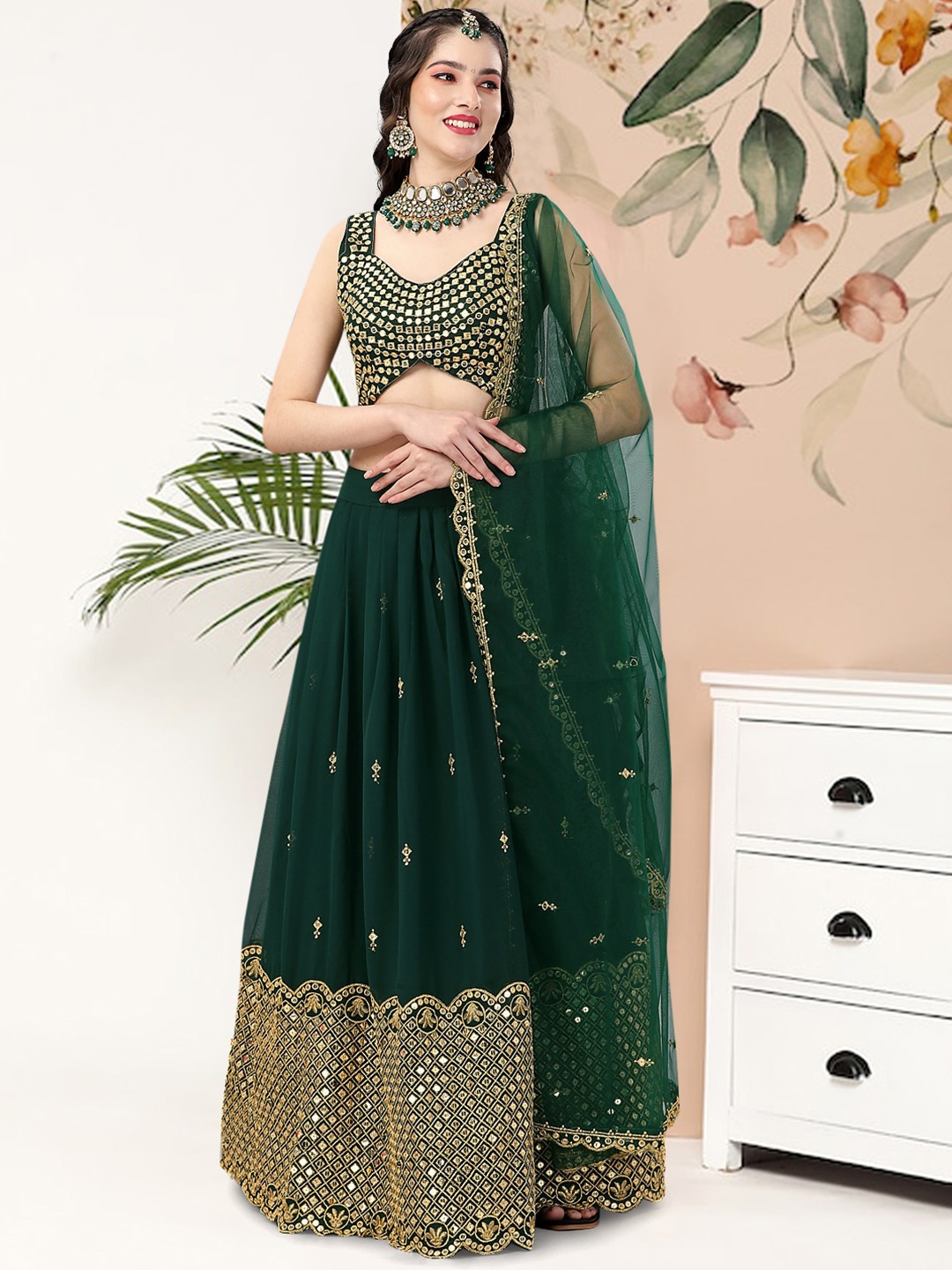 Angroop Embroidered Mirror Work Semi-Stitched Lehenga & Unstitched Blouse With Dupatta, Green
Angroop Embroidered Mirror Work Semi-Stitched Lehenga & Unstitched Blouse With Dupatta, Green