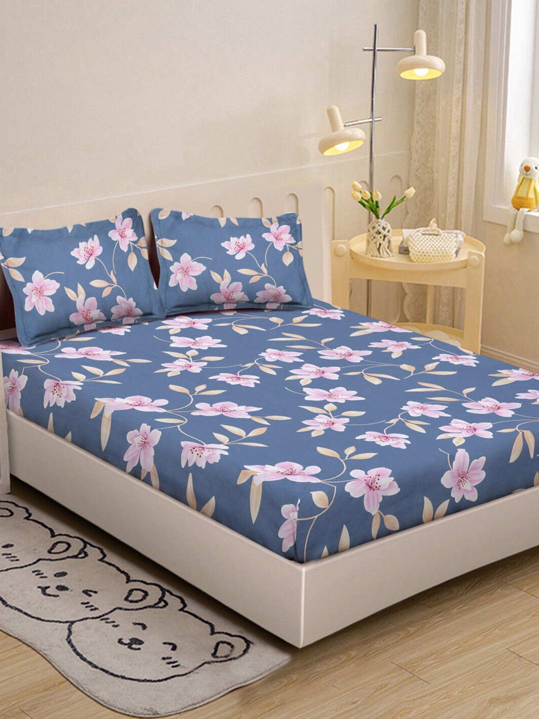 KLOTTHE Blue & Pink Floral Printed 300 TC Single Bedsheet With 2 Pillow Cover