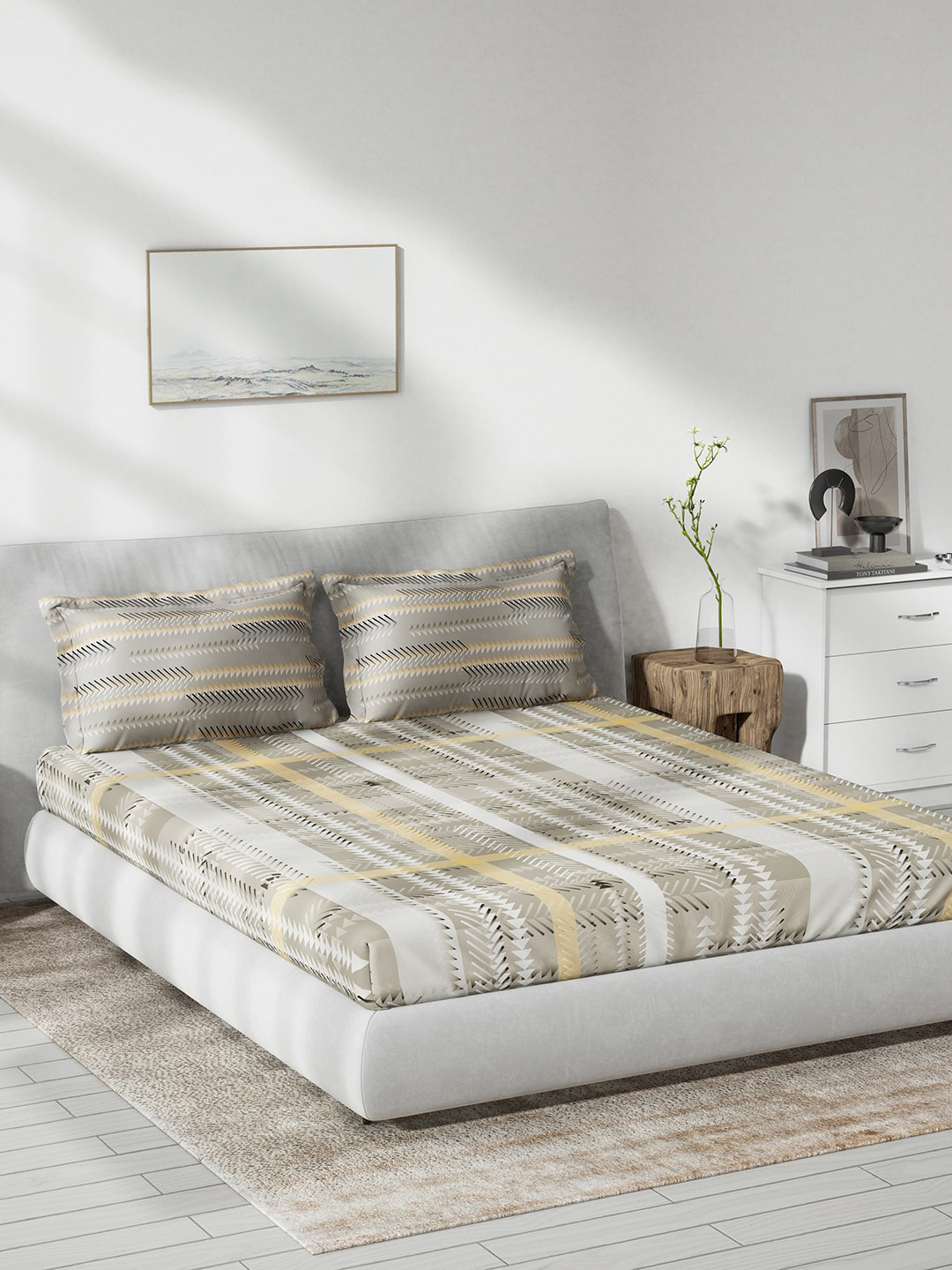 DDecor Beige & White Geometric Cotton 140 TC Queen Bedsheet With 2 Pillow Covers
DDecor Beige & White Geometric Cotton 140 TC Queen Bedsheet With 2 Pillow Covers