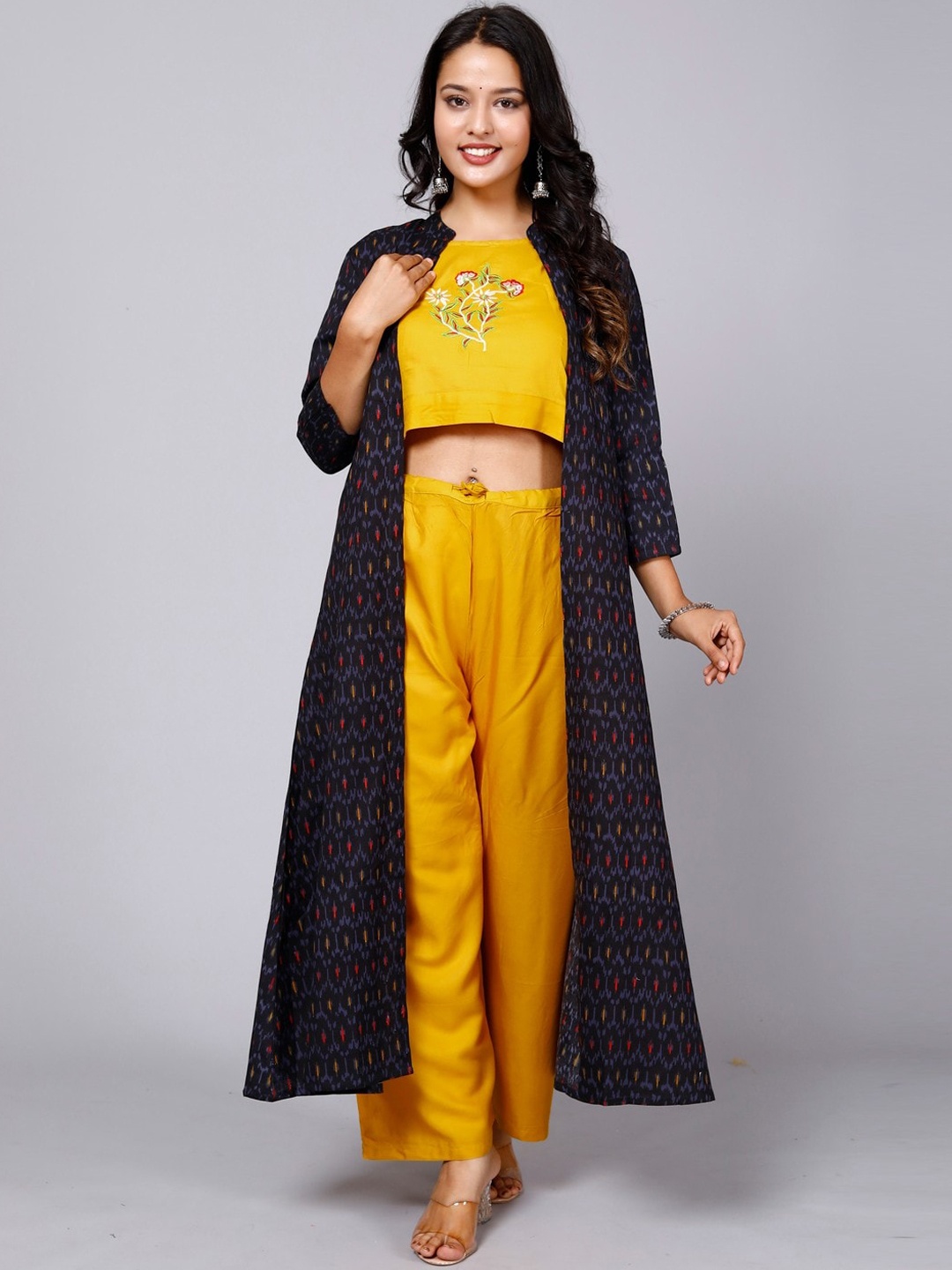 Miramaar Embroidered Top & Palazzos With Ikat Printed Longline A-Line Shrug, Mustard
Miramaar Embroidered Top & Palazzos With Ikat Printed Longline A-Line Shrug, Mustard