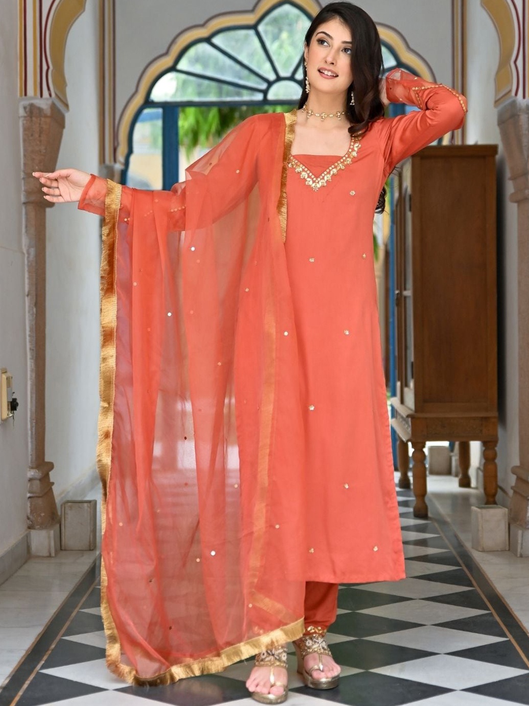 Urbanstree Ethnic Motifs Embroidered Beads and Stones Kurta & Trousers With Dupatta, Orange
Urbanstree Ethnic Motifs Embroidered Beads and Stones Kurta & Trousers With Dupatta, Orange