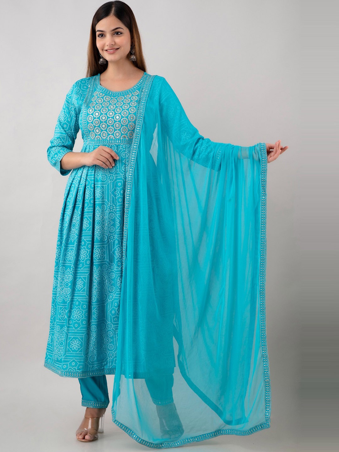 Country Style Ethnic Motifs Printed Sequined Anarkali Kurta With Trousers & Dupatta, Turquoise blue
Country Style Ethnic Motifs Printed Sequined Anarkali Kurta With Trousers & Dupatta, Turquoise blue