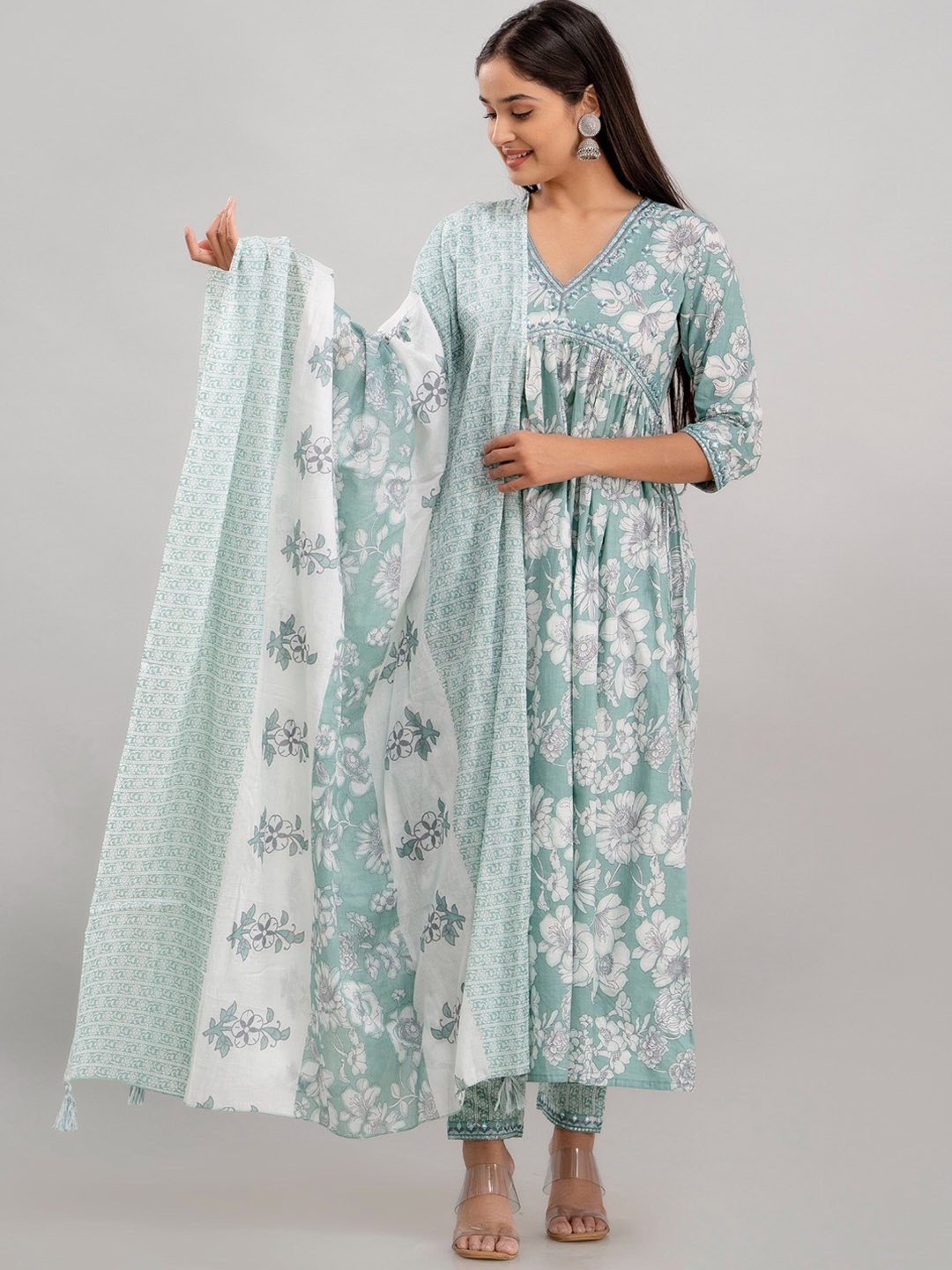 Country Style Floral Printed Pure Cotton A Line Kurta With Trousers & Dupatta, Green
Country Style Floral Printed Pure Cotton A Line Kurta With Trousers & Dupatta, Green